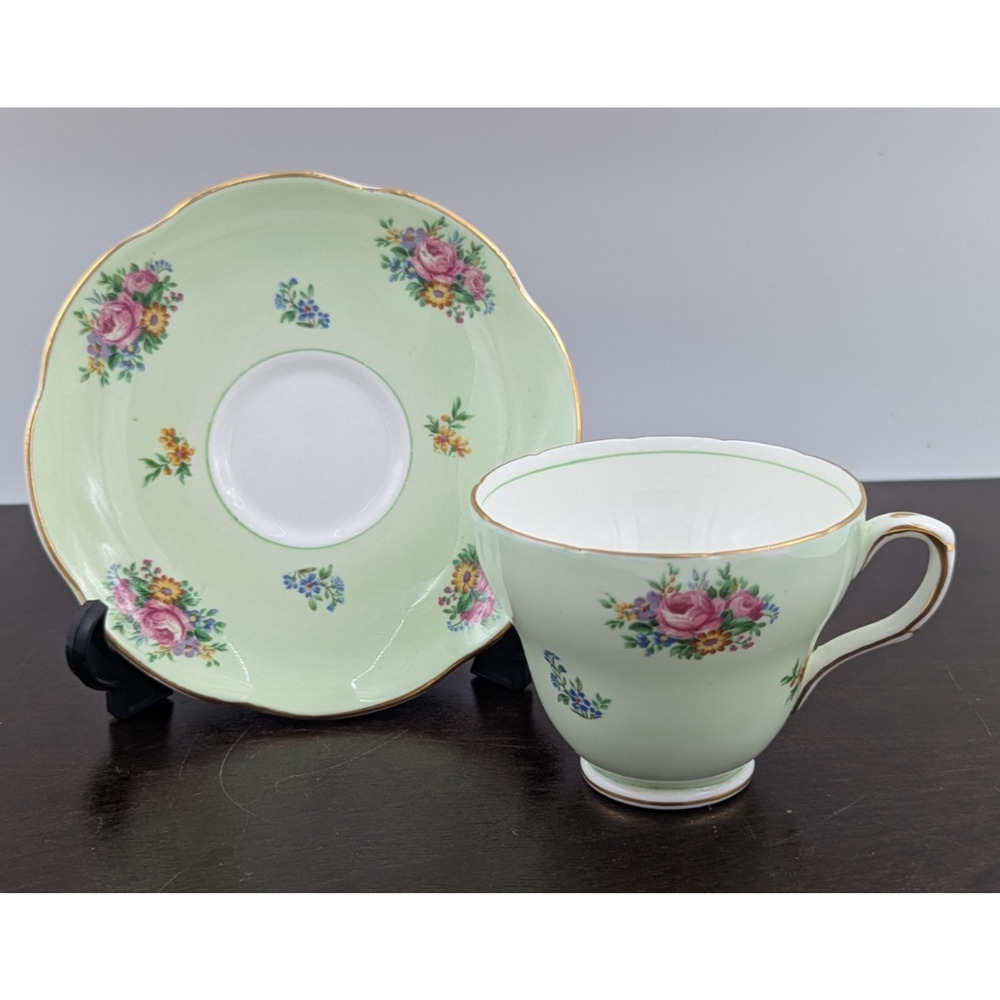 Vintage EB Foley 1850 Bone China Tea Cup & Saucer Mint Green Floral England